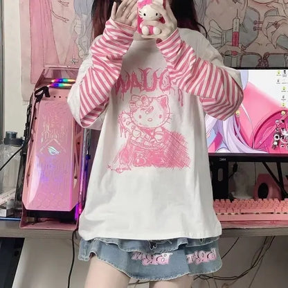 Sanrio Clothes Hello Kitty Patchwork Stripe Long Sleeves Top Y2k Girls Aesthetic Tops