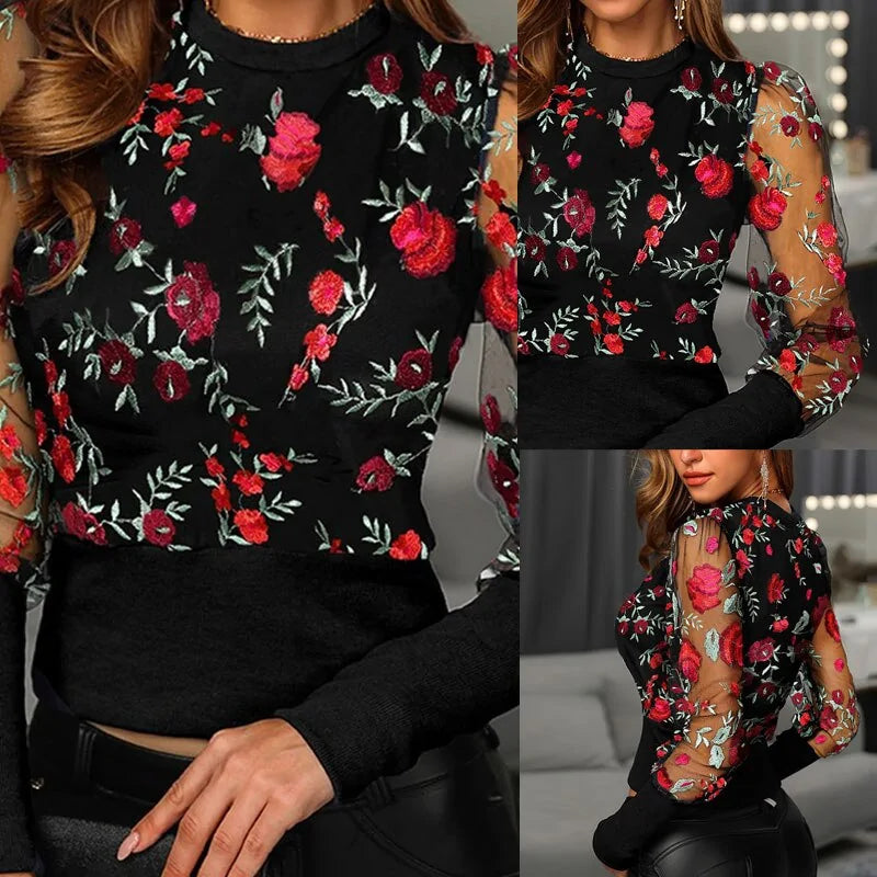 Women Patchwork Mesh Embroidered Floral Long Sleeve Blouse