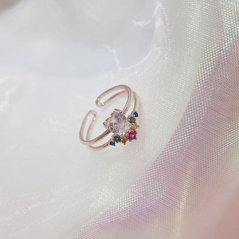 Delicate Zircon Heart Moon Adjustable Ring