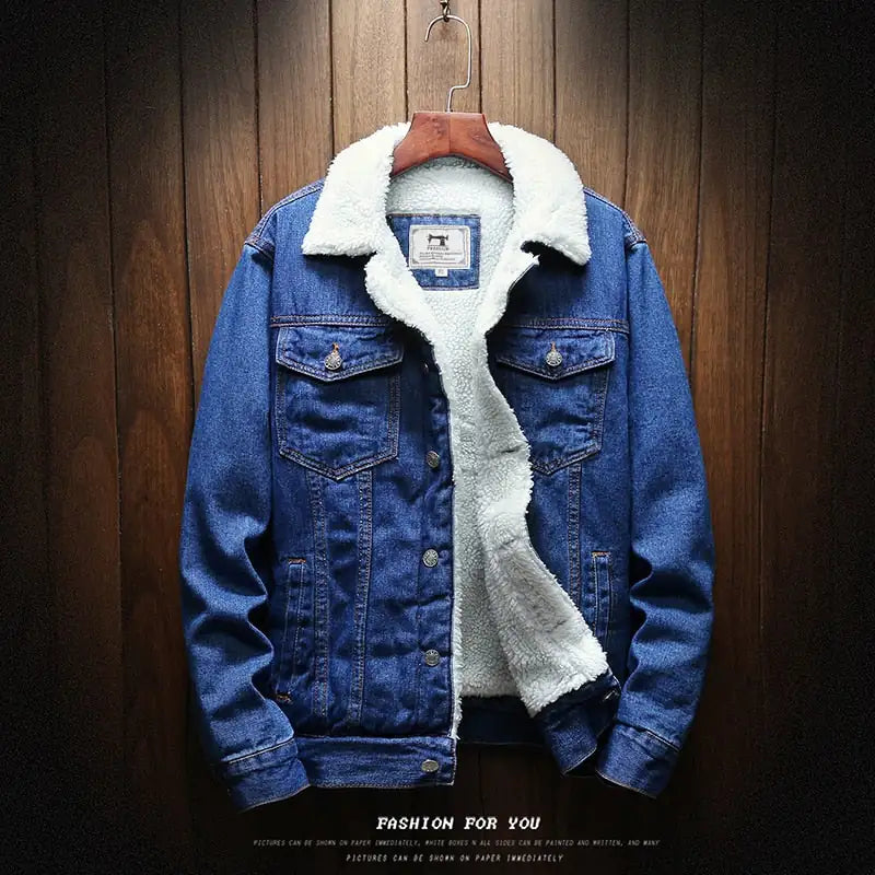 Men Light Blue Winter Jean Jackets Outerwear Warm Denim Coats New Men