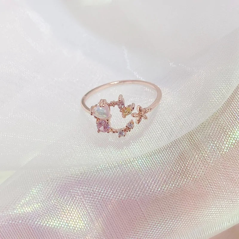 Delicate Zircon Heart Moon Adjustable Ring