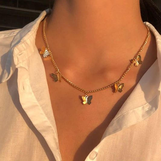 Gold Chain Butterfly Pendant Choker Necklace/earrings