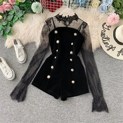 Romper Long Sleeve Bodysuit Lace Patchwork