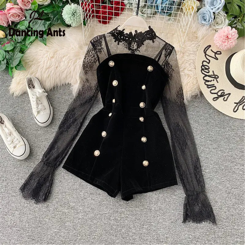 Romper Long Sleeve Bodysuit Lace Patchwork