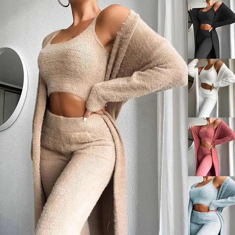 3 Pcs Womens Fluffy Plain Crop Top & Skinny Pants & Longline Coat Set