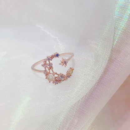 Delicate Zircon Heart Moon Adjustable Ring