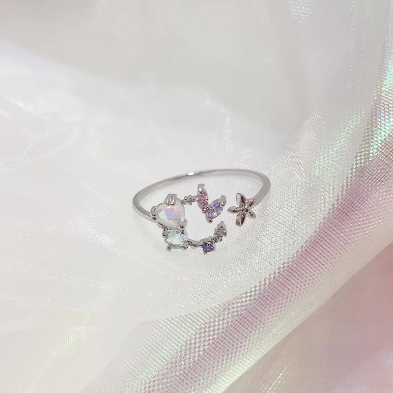 Delicate Zircon Heart Moon Adjustable Ring